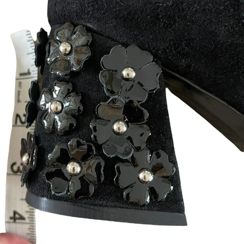 Jeannot Womens Black Suede Block Heels 3D Flowers On Heel Italy US 5.5-6 EUR 36.